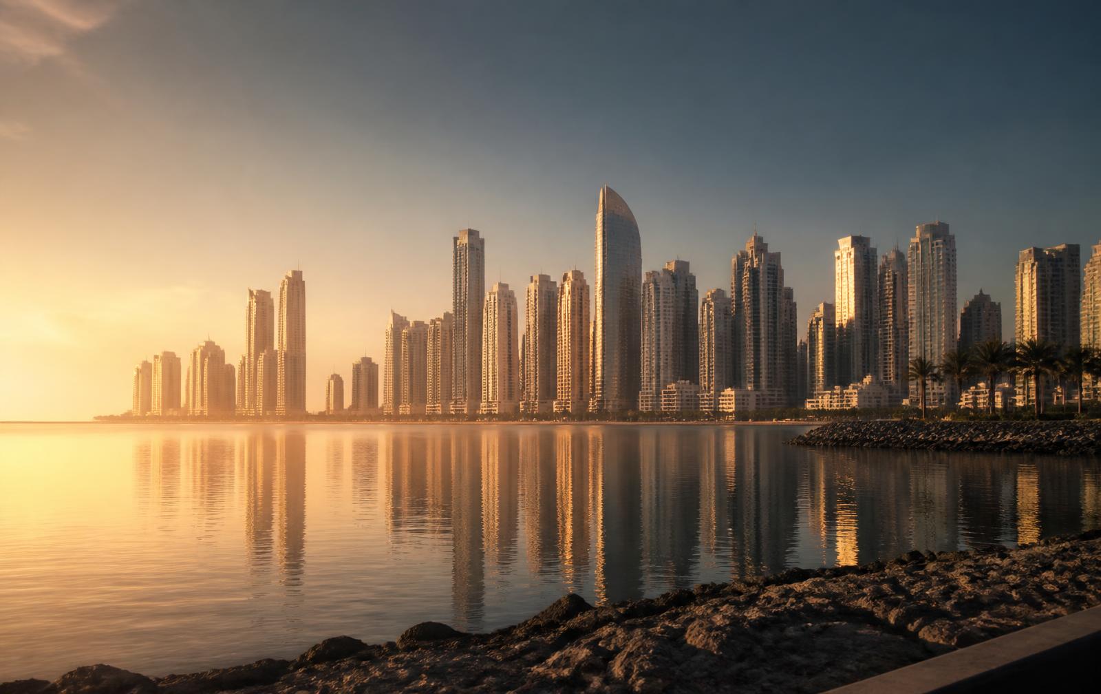 Panama City skyline at golden hour across the bay