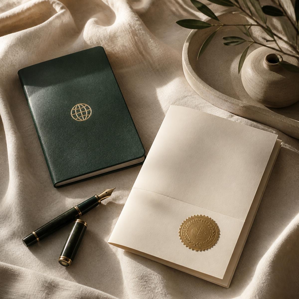 Passport, fountain pen and sealed legal document